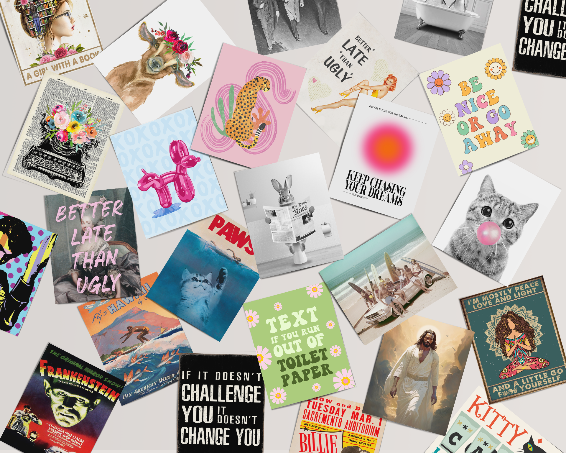 Multiple wall art prints scattered on the ground making a pleasing collage
