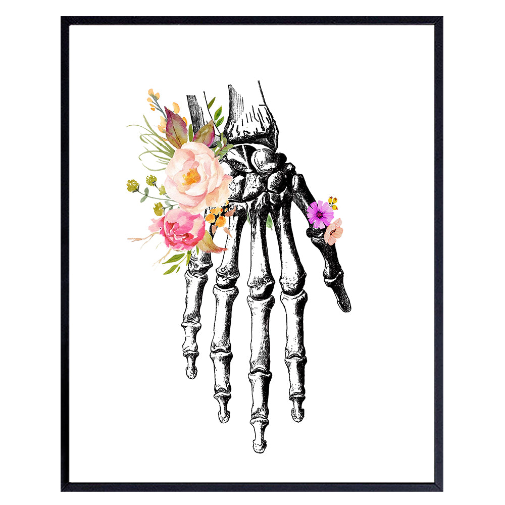 Original Flower Hand Skeleton Wall Art Print - Unique Steampunk Anatomy - Gothic Home Decor for Dr Office - Gift for Doctor, Physician, Nurse, PA - 8x10 Unframed Photos - Orthopedic Bones Poster