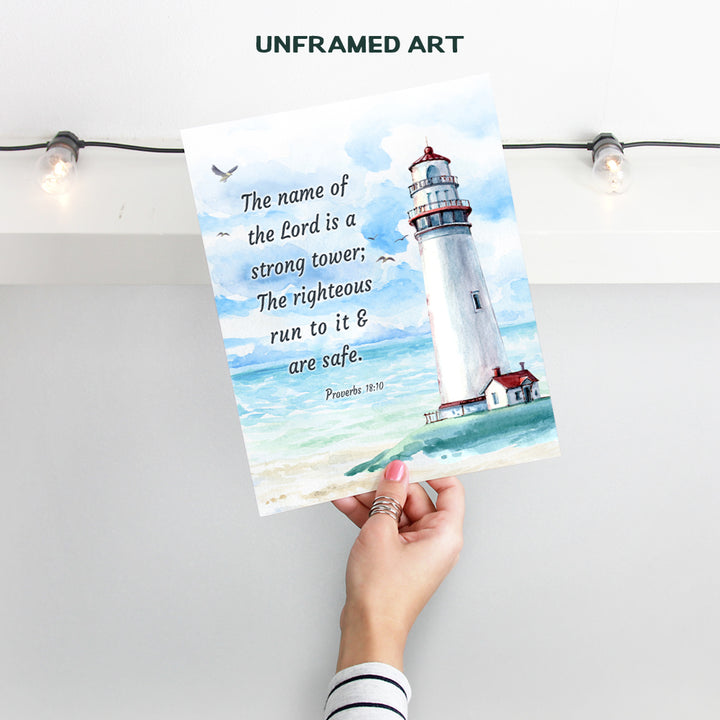 Nautical Lighthouse Religious Wall Art - Christian Scripture Bible Verse Gift - Ocean Home Decoration, Bathroom Decor - Print for Seaside Beach House, Restroom, Living Room, Bedroom - Blue Proverbs
