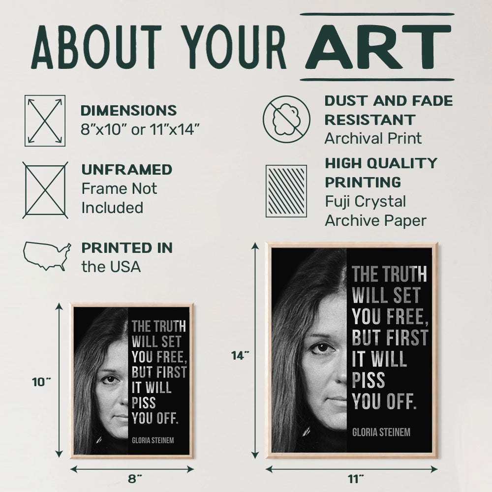 Gloria Steinem, Room Decor for Women - Home, Bedroom Wall Art Decoration - Feminist Gift for Her, Girlfriend, Wife, Gay, Lesbian, Woman - 8x10 UNFRAMED Famous Quote, Saying Poster Print