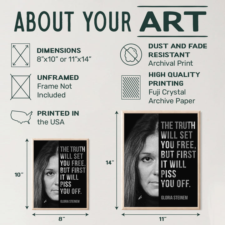 Gloria Steinem, Room Decor for Women - Home, Bedroom Wall Art Decoration - Feminist Gift for Her, Girlfriend, Wife, Gay, Lesbian, Woman - 8x10 UNFRAMED Famous Quote, Saying Poster Print