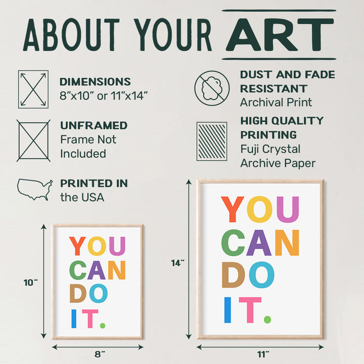 Classroom Decorations - Inspirational Wall Art Print - Bedroom Decor for Girls Boys Kids Room Office - Gift for Teachers Parents Entrepreneurs - Family Wall Art - Motivational poster - You Can Do It