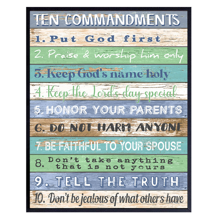 Ten Commandments Wall Decor - 10 Commandments Wall Art - Rustic Boho Religious Scripture Bible Study Plaque - 8x10 Inspirational Posters - Christian Gifts for Women, Men, Home Office - Unframed Print