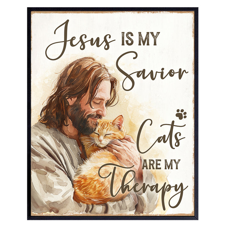 Jesus Christ Cat Wall Art & Decor - Cat Lover Cute Cat Christian Wall Decor - Christian Gifts for Girls, Cat Mom, Cat Dad - Religious Farmhouse Style spiritual Home Decor - Rustic funny Quotes Decor