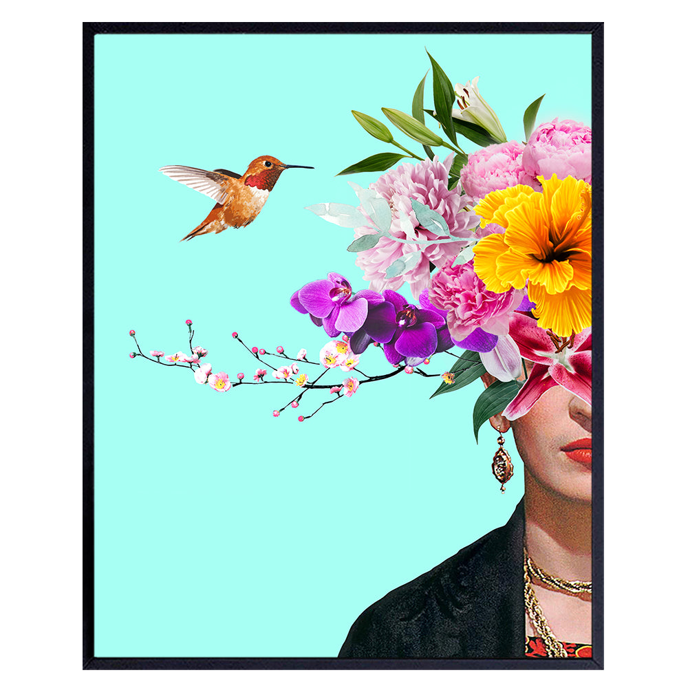 Hummingbird Flowers Tropical Wall Art &amp; Decor - 8x10 Gifts for Women - Mexican Wall Art for Bedroom Home Office, Living Room - Floral Blue Decor Picture Print - Hummingbird Wall Decor - 8x10 Unframed
