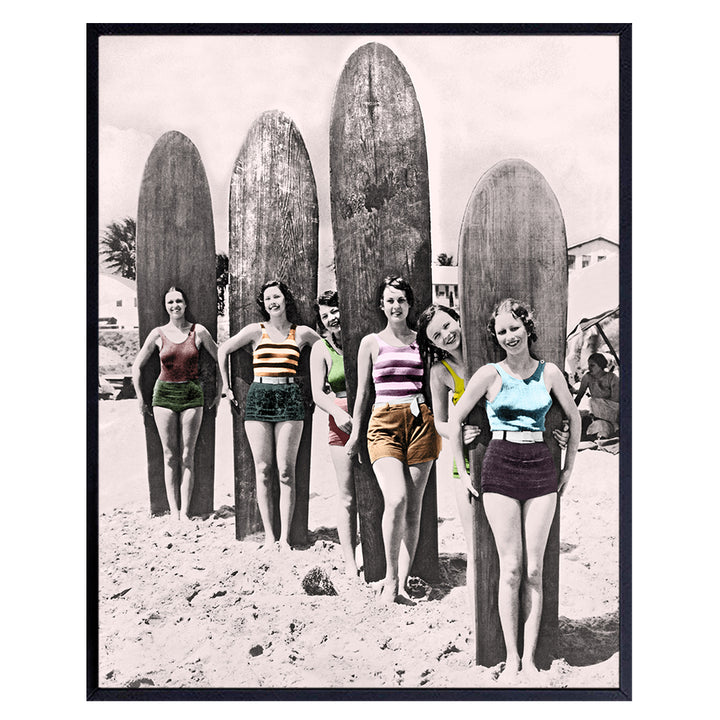 Coastal Wall Art Decor - Retro Room Decoration for Beach Ocean Sea Summer Home, Bathroom, Bedroom, Living Room, Apartment - Surfing Women Vintage Photo - Cute Housewarming Gift - UNFRAMED