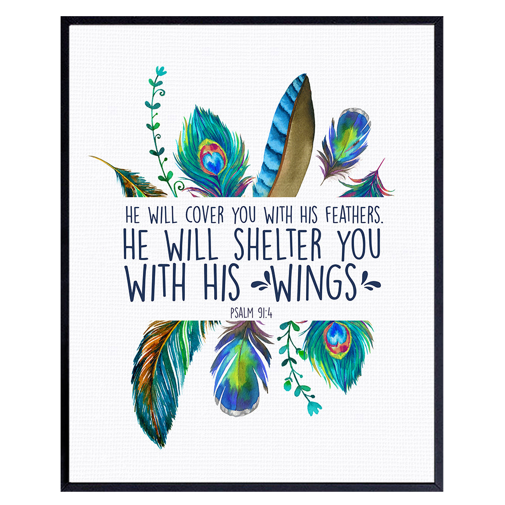 He Will Cover You With His Feathers Wall Art - Scripture Bible Verse Wall Decor - Religious Christian Gifts for Women, Girls - Inspirational Spiritual Room Decoration - Feathers Wall Decor - Psalm 91