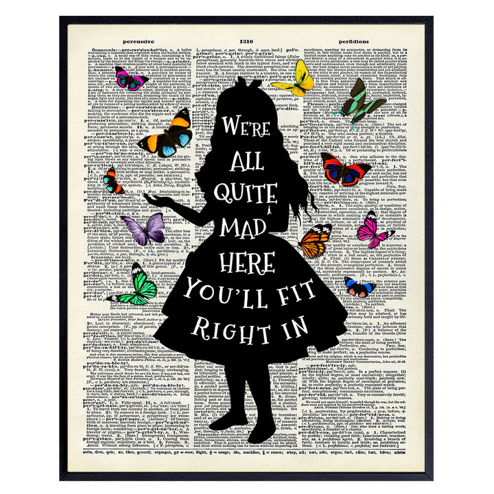 Alice Wonderland Quote Dictionary Wall Art - 8x10 Photo, Home Decor Poster - Unique Room Decorations for Bedroom, Office, Girls, Kids Room - Great Gift - 8x10 Unframed Picture Print