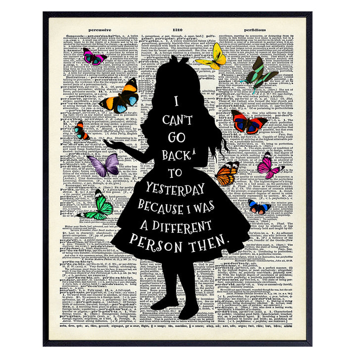 Alice Wonderland Quote Dictionary Art Print - Upcycled Home Decor, Wall Art Poster - Unique Room Decorations for Bedroom, Office, Girls or Kids Room - Great Gift - 8x10 Photo Unframed