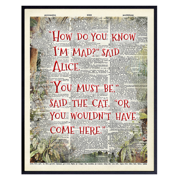 Alice Wonderland Quotation Dictionary Wall Art Picture print - Upcycled Decor for Home, Apartment, Office - Gift for Entrepreneur, Fans - 8x10 Poster