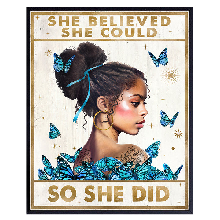 Black Girl Inspirational Wall Decor - She Believed She Could So She Did Wall Art - African American Wall Art - Positive Motivational Quotes - Blue Bedroom Living room Decor for African American Women