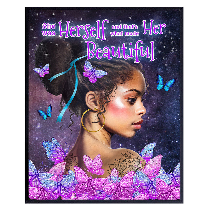 Black Girl Inspirational Wall Decor - African American Women Woman Positive Affirmations Wall Decor - Purple Pink Butterflies Girls Room Teens Bedroom Living room Decor - Motivational Quotes Wall Art