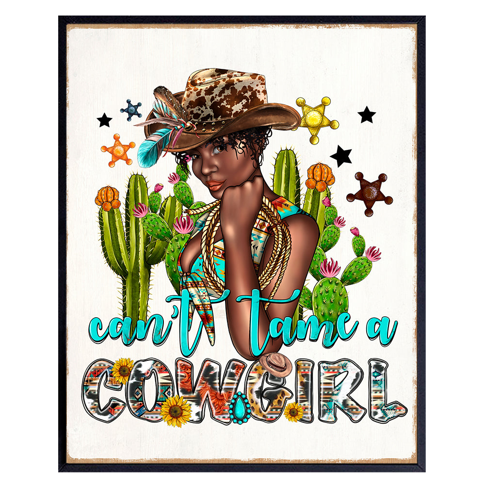 Cowgirl Black Girl Wall Art - Preppy Wall Decor - funny Trendy Country Decor for African Americans, Black women - Rustic Wall Decor - Boho Living room Decorations for Bedroom - Western Home Decor