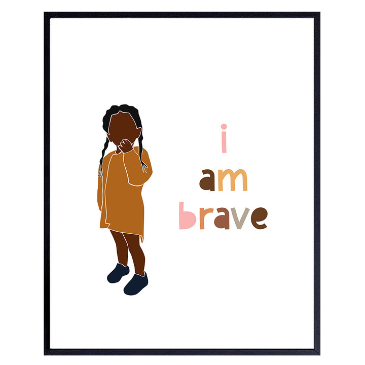 I Am Brave - African American Girl, Kids - African American Wall Decor - Baby Nursery Decoration - Little Girls Bedroom Wall Art - Black Wall Art - Positive Affirmations Wall Art - Inspirational Decor