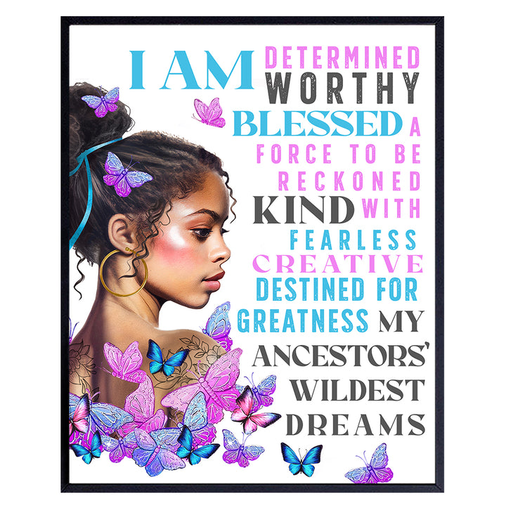 I Am positive Affirmations Decor - African American Wall Art - Inspirational Quotes Wall Decor - Motivational poster for Black Women, Black Girls Bedroom Decor, Teen Girls Room - positive Sayings