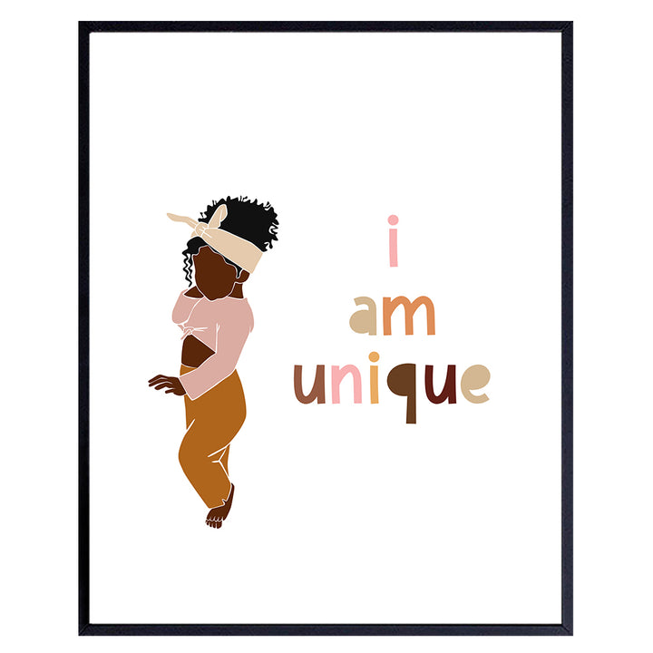 African American Girl Wall Decor - Black Wall Art - Motivational Inspirational Quotes Poster - Positive Affirmations - Black Culture - Cute Little Girls Bedroom Decor - I Am Unique