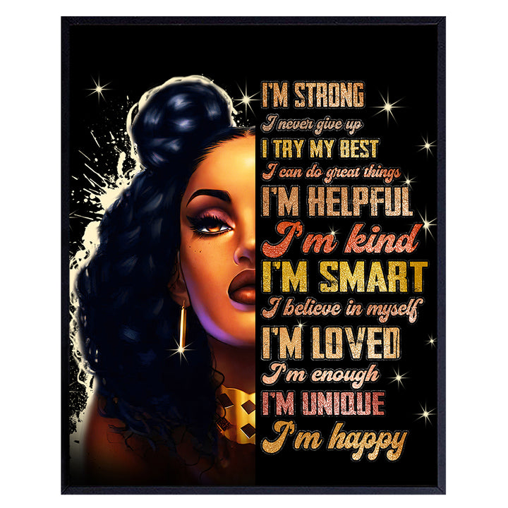 Empowered Black women African American Wall Art - Inspirational Motivational Positive Quotes - I Am Positive Affirmations Home Decor for Afro Teen Girls Bedroom, Girls Room - Encouragement Gifts