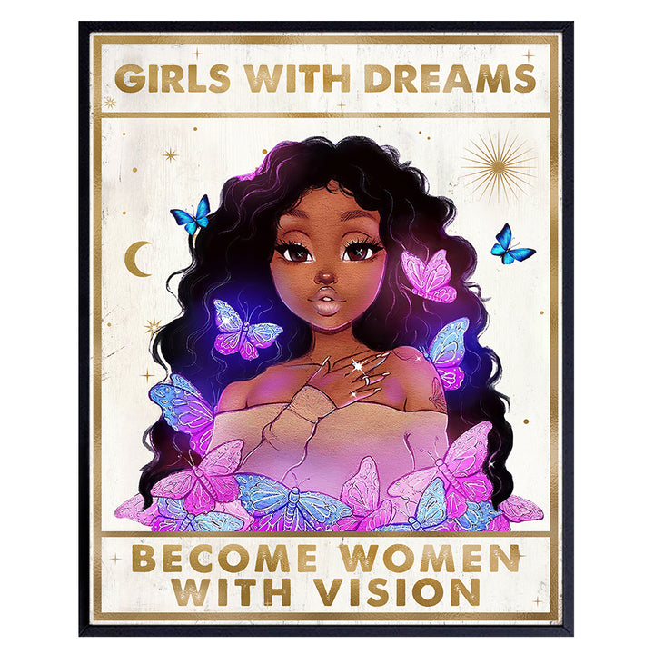 Black Girl Butterflies Inspirational Quotes - Motivational Wall Decor for Women, Black Women, African Americans - Blue Light Pink positive Affirmations - Encouraging Black Wall Art - Self-love Poster