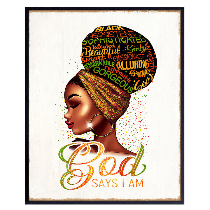 Christian Gifts for Black women - Bible Verse Inspirational Quotes Wall Decor for African Americans, Black Girl - God Says You Are Wall Art - I Am positive Affirmations - Motivational Quotes Wall Art