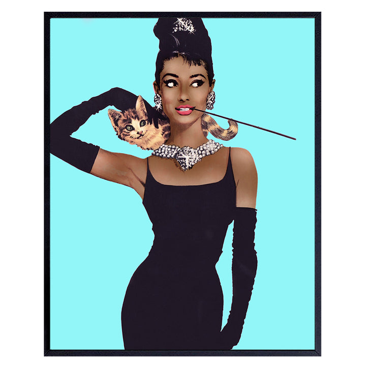 Black African American Wall Art & Decor - Blue Audrey Hepburn Poster - Glam Wall Art - Vintage Hollywood Movie Print - Pop Art Wall Decor- Afro Culture Gifts for Women - 8x10 Unframed