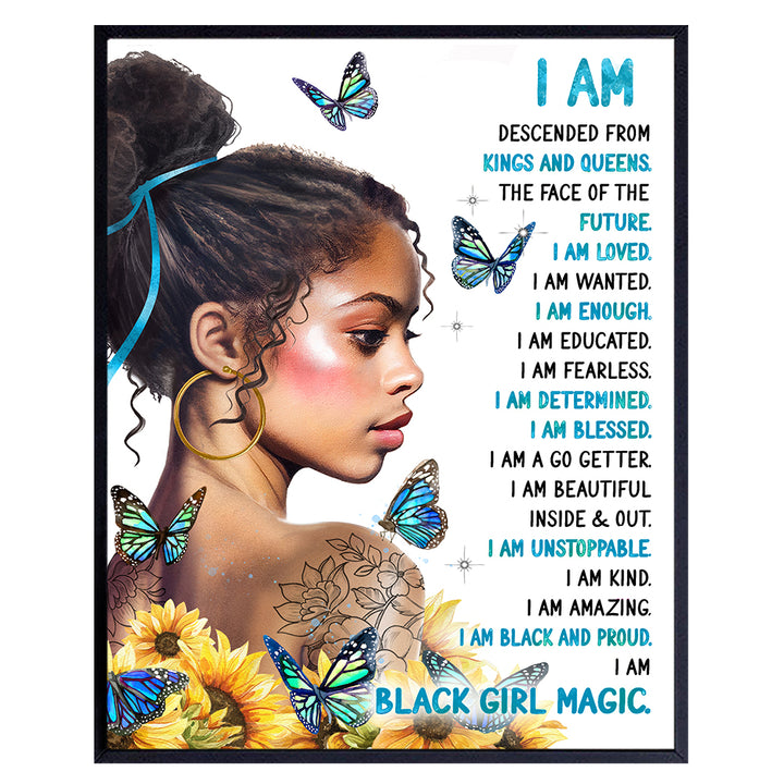 African American Girl Wall Art & Decor - Blue Inspirational Wall Decor Positive Affirmations - Black Girl Magic Motivational poster - Women Teens Bedroom - Black Wall Art - Positive Quotes UNFRAMED