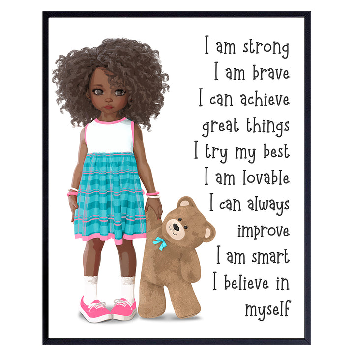 African American Girl Positive Affirmations - Black Wall Art - African American Wall Art - Little Girls Bedroom - Inspirational Sayings for Wall Decor - Positive Quotes Wall Decor - Toddler Girls Room