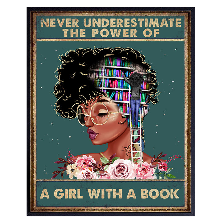 African American Classroom Decor - LARGE 11x14 - Never Underestimate a Girl With a Book Wall Art - African American Girl, Women - Inspirational Motivational Poster - Positive Quotes - Black Art