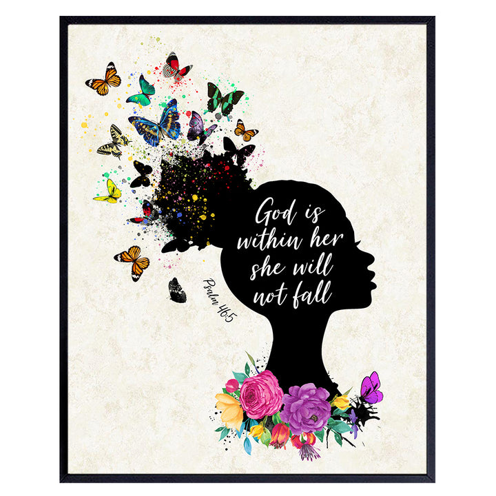 God is Within Her She Will Not Fall Wall Decor - Christian Religious Gifts for Black Woman, African American Women, Girls - Inspirational Psalms Wall Art - Positive Quotes Poster - Scripture Wall Art