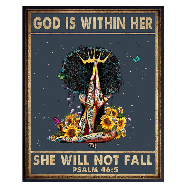 Religious Christian Gifts for Black Woman, African American Women, Girls - God is Within Her She Will Not Fall Wall Decor - Inspirational Boho Wall Art - Positive Quotes - Psalms Scripture Wall Art