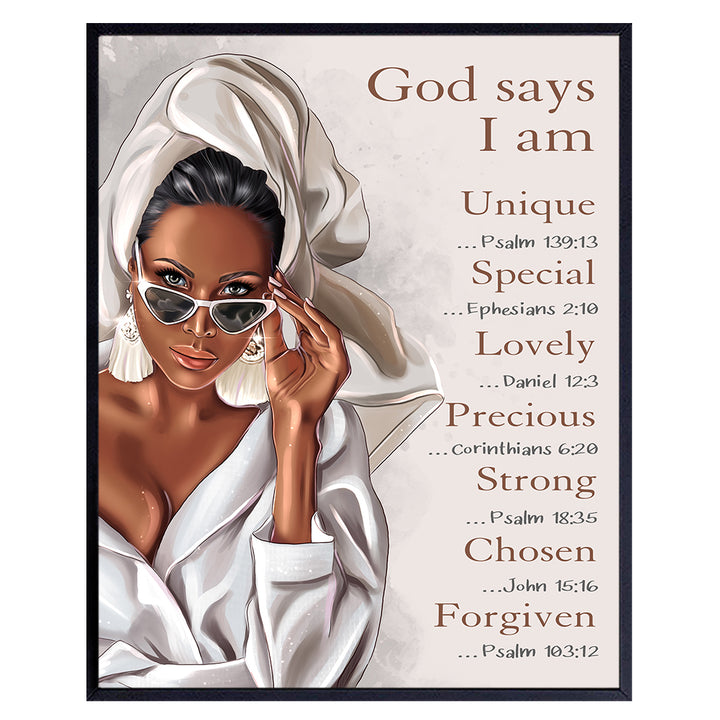 African American Women, Girls, Teens - Religious Black Art - God Says You Are - Chrisitan Scripture Encouragement Gifts - Motivational Designer Glam Bathroom Wall Decor - Inspirational Bible Verses