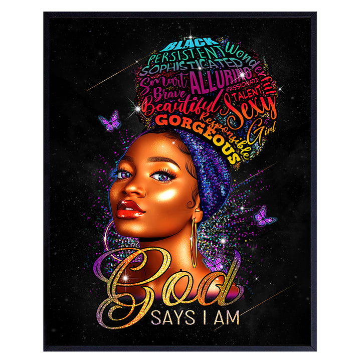 Religious Black Wall Art & Decor - Encouragement Christian Gifts for African American Women - God Says You Are - Motivational Inspirational Positive Quotes Home Decor Poster - Girls Room, Teen Bedroom