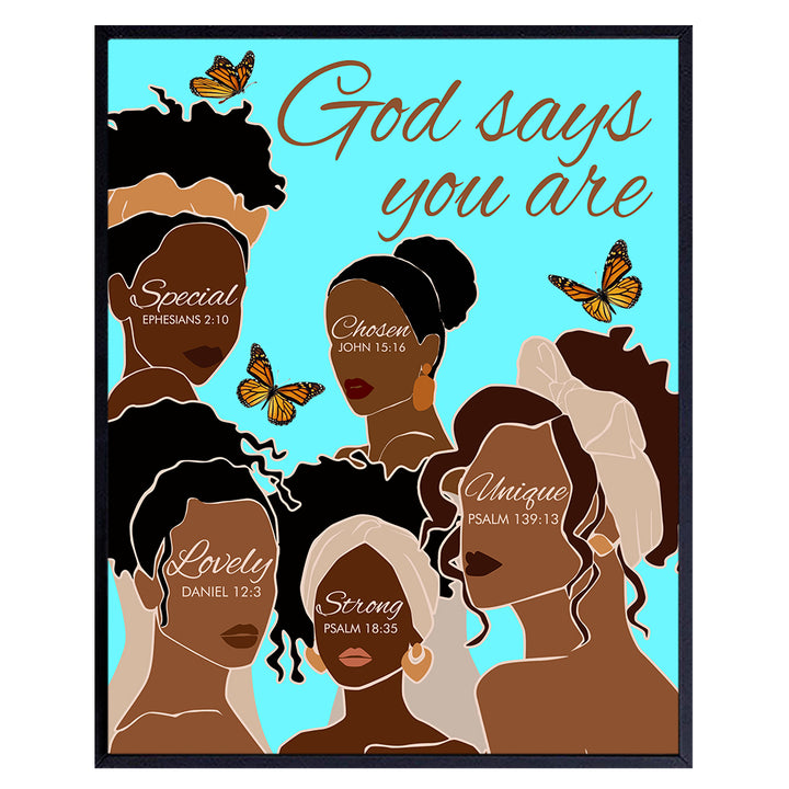 Black African American Women Wall Art & Decor - African American Girls - God Says You Are - Inspirational Christian Wall Decor- Spiritual Religious Gifts - Positive Quotes Bible Verses - Afro Wall Art