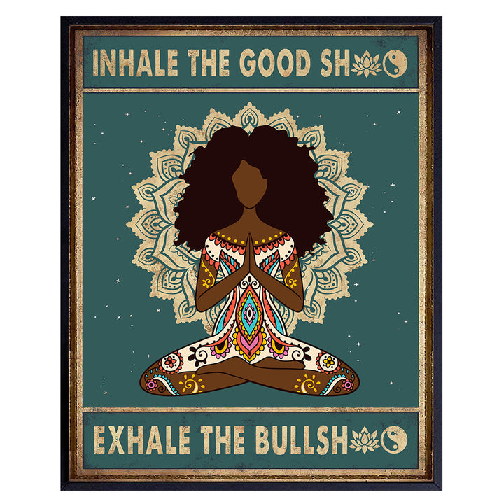 Inhale Exhale African American Wall Art - Afro Black Art - Yoga Wall Art - Meditation Gifts - Bohemian Hippie Room Decor for Women, Buddhist - Funny New Age Zen Poster 8x10 - Buddhism Boho Decorations