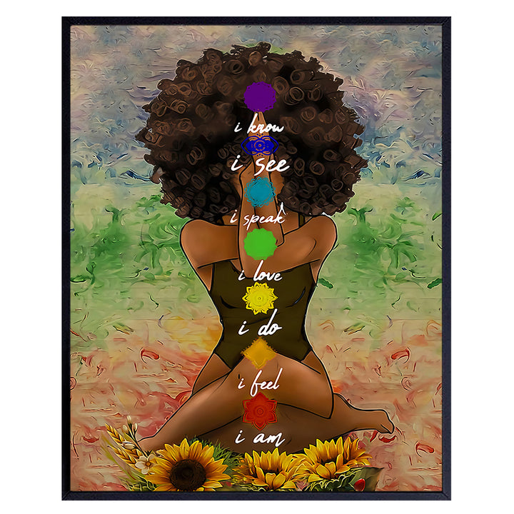 Black Art for African American Women - Boho Positive Affirmations Zen Meditation Decor - Inspirational Afro Yoga Wall Art - New Age Hippie Chakra Room Decor - Personal Growth Uplifting Spiritual Gifts