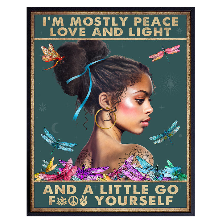 Black Woman Wall Art - Empowered Women Inspirational Posters - Badass Affirmations for Women - African American Black Empowerment - Black Culture Afro Wall Decor - I’m Mostly Peace American Girl Black