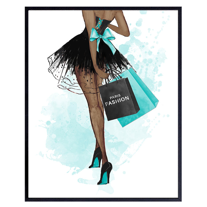 Light Blue Fashion Designer Wall Art - Black Woman, African American Women, Teens, Girls Bedroom - High Fashion Design Wall Decor - Glam Gifts for Latina, African American Woman - Black Culture