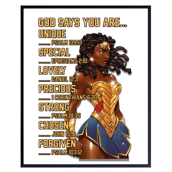 Black Wall Art Woman - African American Women, Girls - God Says You Are Christian Wall Decor - Inspirational Motivational Quotes - Positive Affirmations - Bible Verses - Religious Gifts -8x10 Unframed