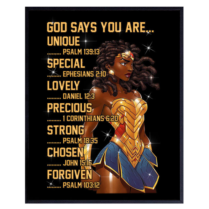 African American Wall Art 11x14 - spiritual Religious Wall Decor - Bible Verses - Black Wall Art - Christian Gifts for Women Girls Woman Wonder - Motivational Inspirational Quotes - God Says You Are