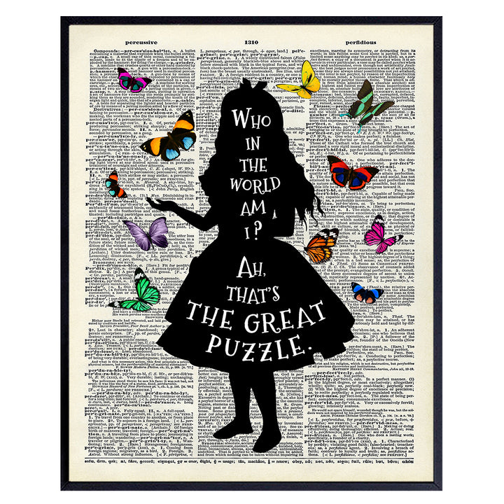 Alice Wonderland Who Am I Quote, Wall Decor for Bedroom - 8x10 Dictionary Wall Art Photo Print - Kids or Girls Bedroom Decor, Game Room - Great Gift - Unframed Poster with Butterflies