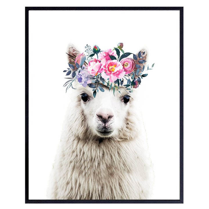 Baby Llama Wall Decor - Flower Crown Alpaca Wall Art Decoration for Girls Bedroom, Kids Room, Nursery - Cute Gift - Boho Shabby Chic Picture - 8x10 UNFRAMED Photo Poster