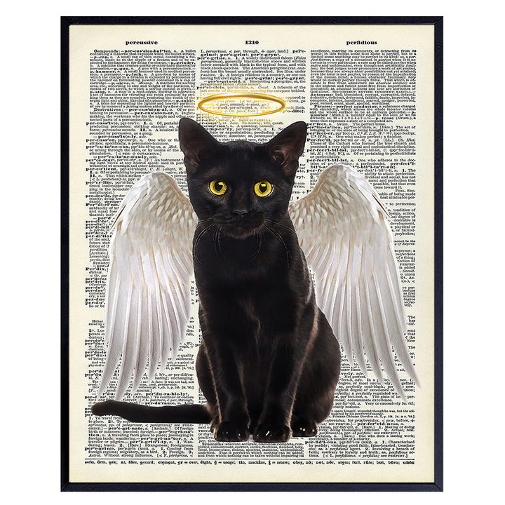 Black Cat Wall Decor - Angel Art Print - 8x10 Dictionary Wall Decoration - Cat Wall Art Home Decor Poster - Gift for Veterinarian Office, Clinic, Kitty, Kitten or Cat Lover - Angelic Picture, Photo