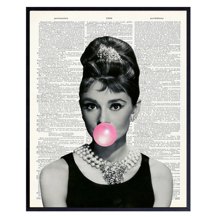 Audrey Hepburn Blowing Bubble - Wall Art Print on Dictionary Photo - Ready to Frame (8X10) Vintage Photo - Great Home Decor or Gift For Pop Art Lovers