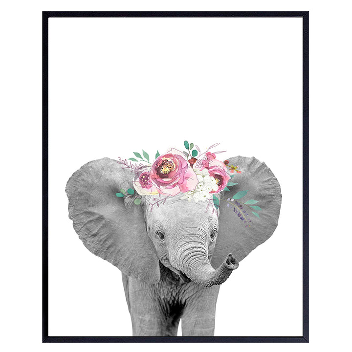 Floral Baby Elephant - Nursery Decor, Baby Room Art Print -8x10 Wall Art Poster - Unique Home Decoration for Girls, Boys or Kids Bedroom - Chic Baby Shower Gift - Unframed Photo Picture