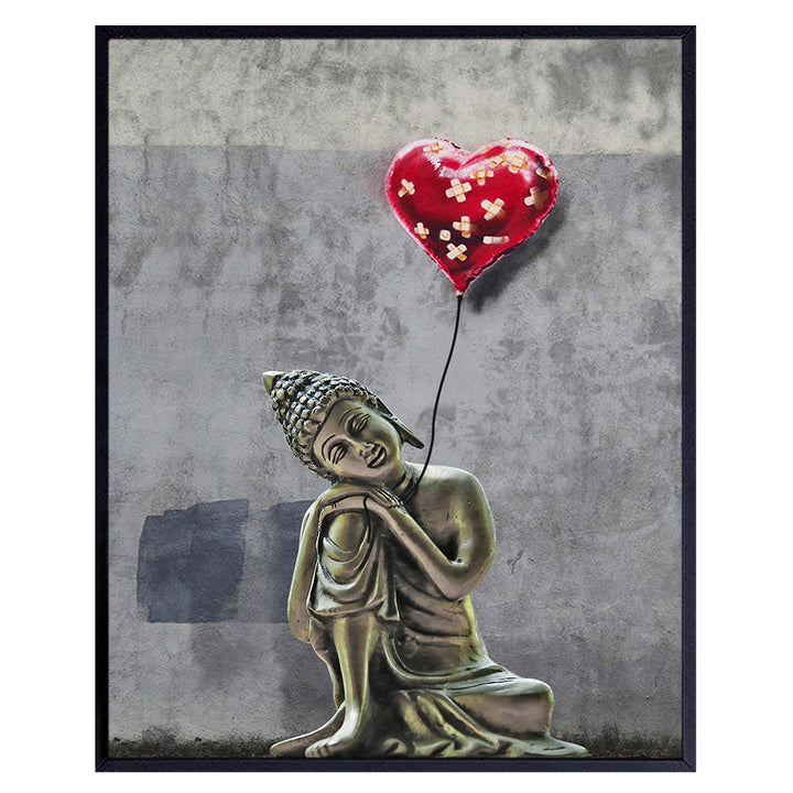 Banksy Graffiti Wall Art - Zen Buddhism Buddha Statue w/Heart Balloon - Home, Spa or Meditation Room Decor - Funny Urban New Age Poster or Gift for Women, Street Art Fans - Namaste - 8x10