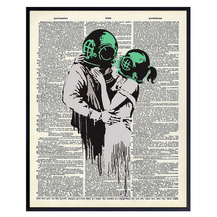 Banksy Lovers Street Art Graffiti - Upcycled Dictionary Art Wall Print, Steampunk Style Poster - Pop Art Home Decor for Beach House, Bathroom, Bath, Urban Apartment - Makes a Great Gift