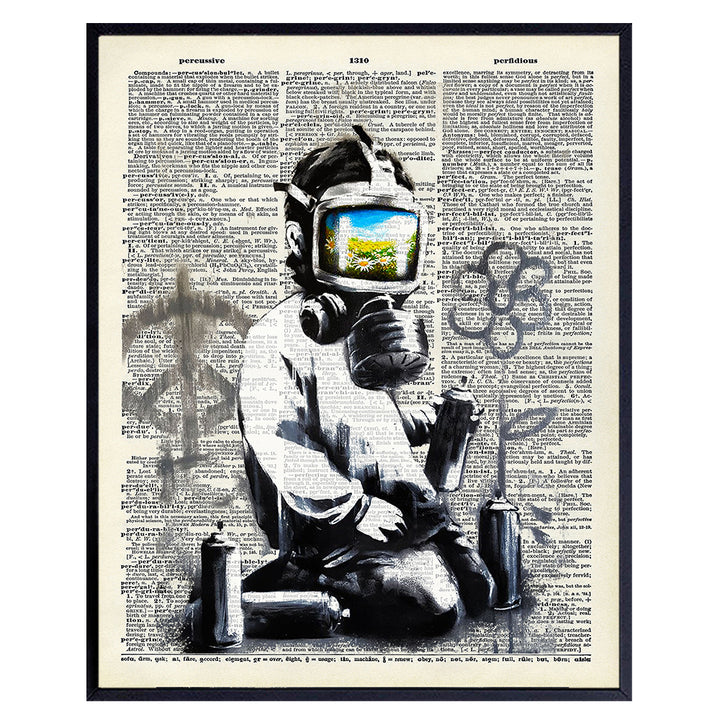 Banksy Gas Mask Graffiti Street Art Mural - Contemporary Dictionary Art, Home Decor - Upcycled Wall Art Print, Poster - Unique Room Decorations - Great Inexpensive Gift - 8x10 Photo Unframed