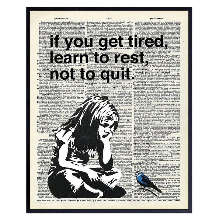 Banksy Rest Don't Quit - Unframed Dictionary Wall Art Print - Makes a Great Gift for Home Decor, Living Room, Bedroom - Ready to Frame (8X10) Vintage Photo - Girl with Bird