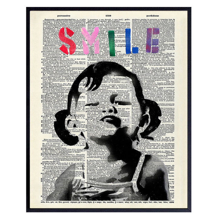 Banksy Poster Dictionary Art Home Decor - Upcycled Vintage Graffiti Wall Art Print - Unique Room Decorations for Office, Dorm, Classroom - Gift for Street Art, Mural Fans - 8x10 Photo Unframed- Smile