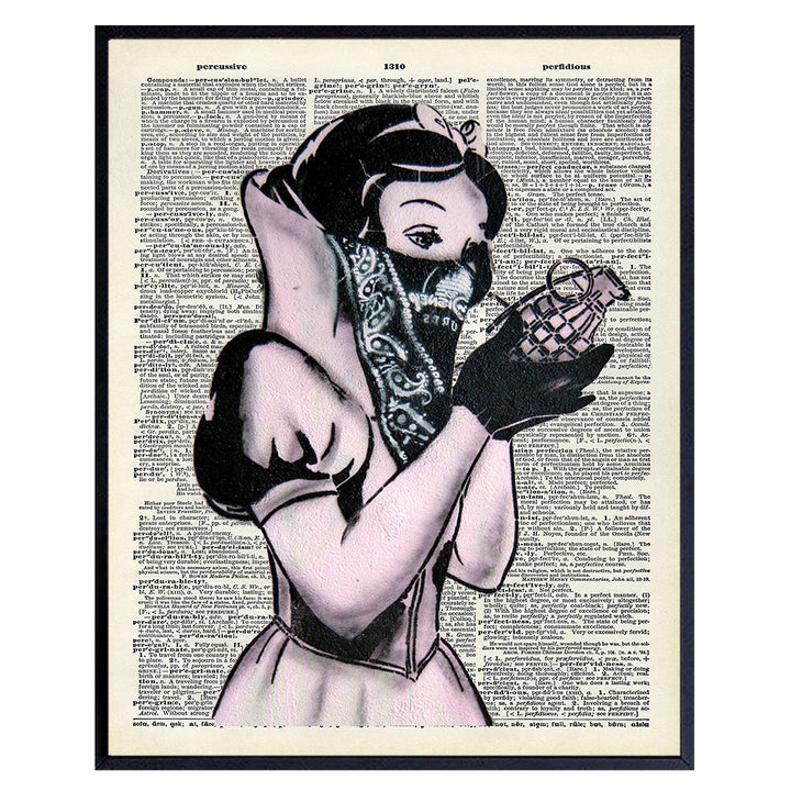 Banksy Snow White Hand Grenade Bandana Poster - Graffiti Wall Art Decor, Room Decoration for Bedroom, Dorm, Living Room - Gift for Teens, Urban Street Art Fans, Men Women - 8x10 UNFRAMED