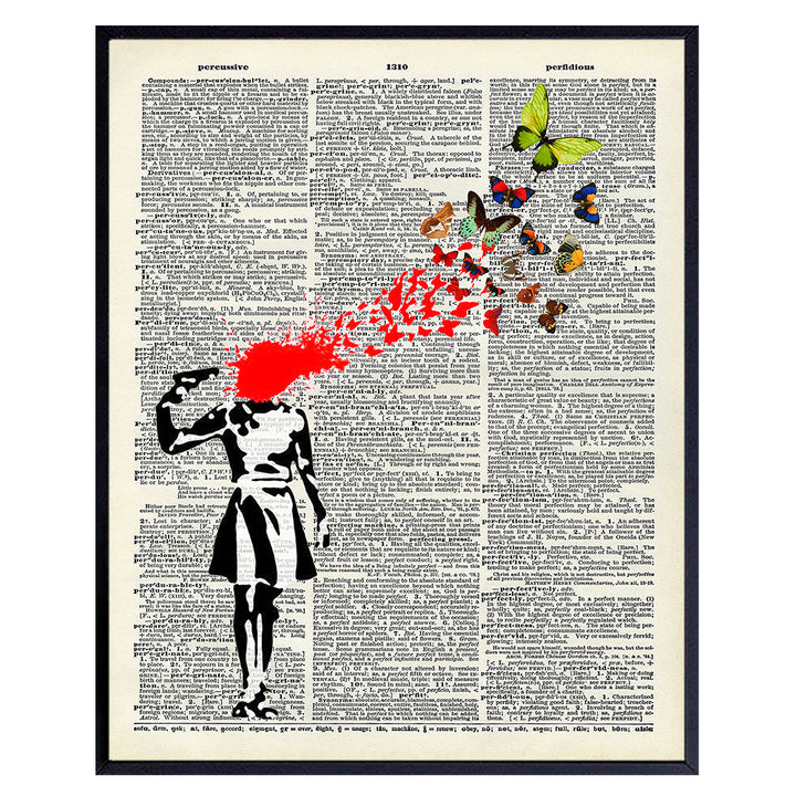 Banksy Poster, Dictionary Art, Home Decor - Upcycled Vintage Graffiti Wall Art Print - Unique Hipster Room Decorations for Office - Gift for Street Art, Mural Fans - 8x10 Photo Unframed, Suicide Girl